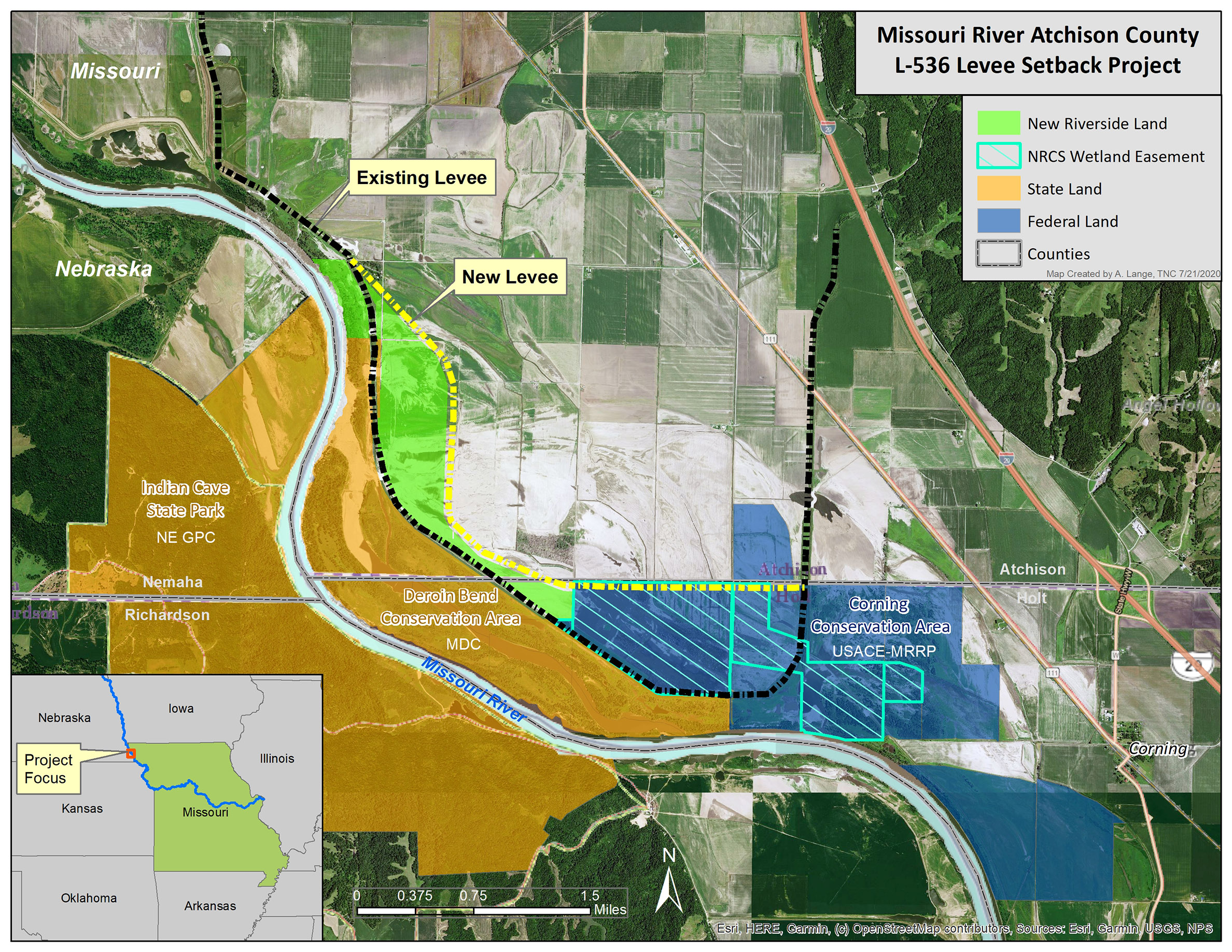 Map of project area showing location of previous levee and new levee.